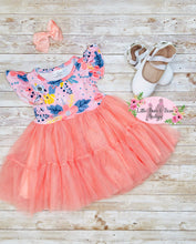 Load image into Gallery viewer, Peach and Cornflower Blue Floral Tulle Dress