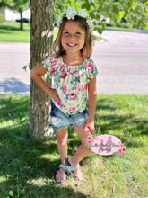 Load image into Gallery viewer, Floral Off The Shoulder Pom Pom Denim Shorts Set