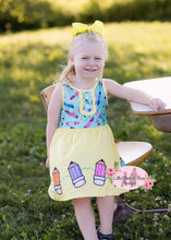 Load image into Gallery viewer, Colorful Crayons on a Yellow Dress
