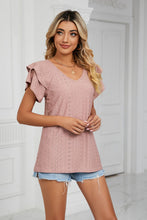 Load image into Gallery viewer, Eyelet Layered Flutter Sleeve V-Neck Knit Top
