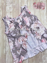 Load image into Gallery viewer, Gray and Mauve Floral Swing Top Ruffle Set