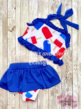 Load image into Gallery viewer, Red, White, and Blue Popsicles Skirted Ruffle 2 Piece Swim Suit