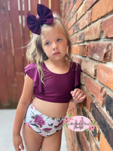 Load image into Gallery viewer, Plum Floral Ruffle 2 Piece Swim Suit