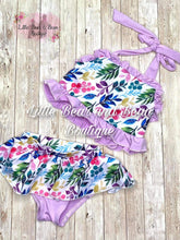 Load image into Gallery viewer, Lavender Floral Skirted Ruffle 2 Piece Swim Suit