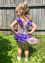 Load image into Gallery viewer, Purple Floral Ruffle Butt Romper