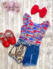 Load image into Gallery viewer, Stars Paint Stroke Leo and Distressed Denim Sequin Shorts Set
