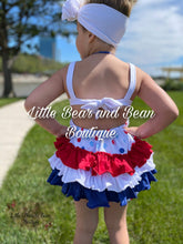 Load image into Gallery viewer, Red, White and Blue Polka Dot Ruffle Butt Romper