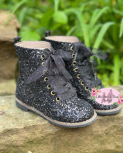 Load image into Gallery viewer, Black Glitter Combat Boots