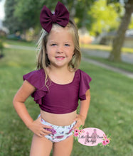 Load image into Gallery viewer, Plum Floral Ruffle 2 Piece Swim Suit
