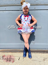 Load image into Gallery viewer, Red, White and Blue Polka Dot Ruffle Butt Romper
