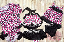 Load image into Gallery viewer, Pink Cheetah Skirted Ruffle 2 Piece Swim Suit