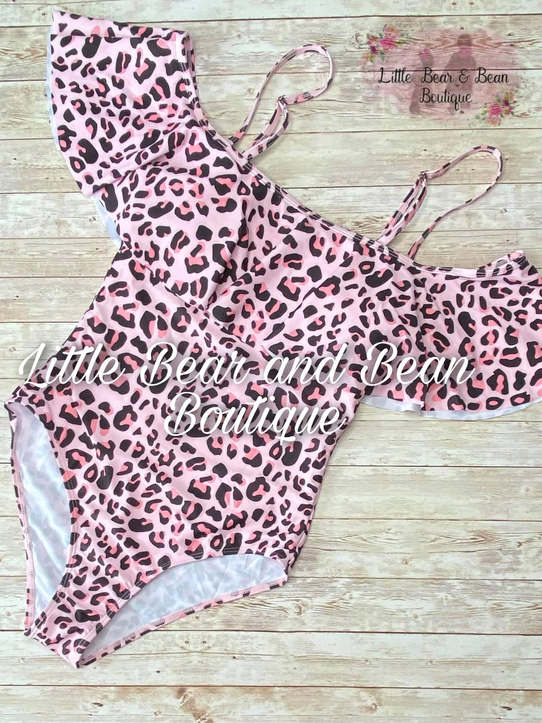 Ladies Pink Cheetah Ruffle One Piece Swim Suit
