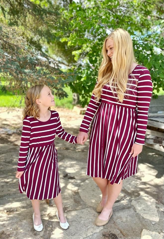 Mommy & Me Wine Striped Dress- Ladies