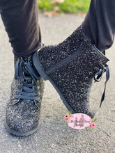 Load image into Gallery viewer, Black Glitter Combat Boots with Side Zipper