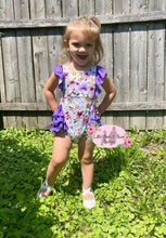 Load image into Gallery viewer, Purple Floral Ruffle Butt Romper