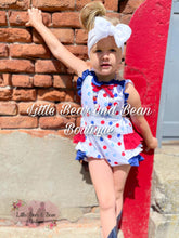 Load image into Gallery viewer, Red, White and Blue Polka Dot Ruffle Butt Romper