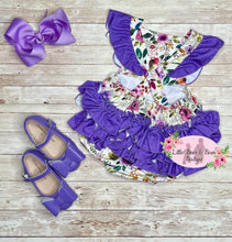 Load image into Gallery viewer, Purple Floral Ruffle Butt Romper