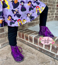 Load image into Gallery viewer, Girls purple combat boots can be paired with a skirt or leggings