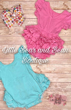 Load image into Gallery viewer, Aqua Ruffle Butt Romper