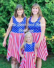 Load image into Gallery viewer, Mommy and Me Star Spangled Handkerchief Hem Dress Ladies