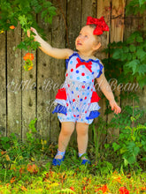 Load image into Gallery viewer, Red, White and Blue Polka Dot Ruffle Butt Romper