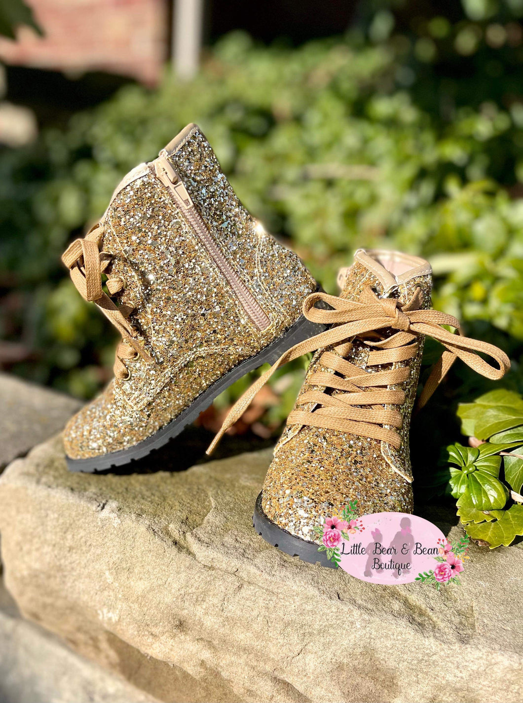 Gold Glitter Combat Boots with Side Zipper