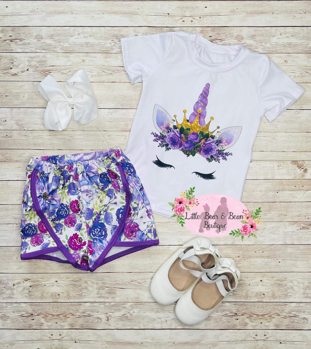 Unicorn Purple Floral Queen Shorts Set