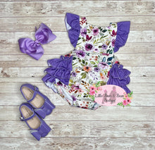 Load image into Gallery viewer, Purple Floral Ruffle Butt Romper