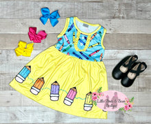 Load image into Gallery viewer, Colorful Crayons on a Yellow Dress