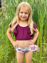 Load image into Gallery viewer, Plum Floral Ruffle 2 Piece Swim Suit
