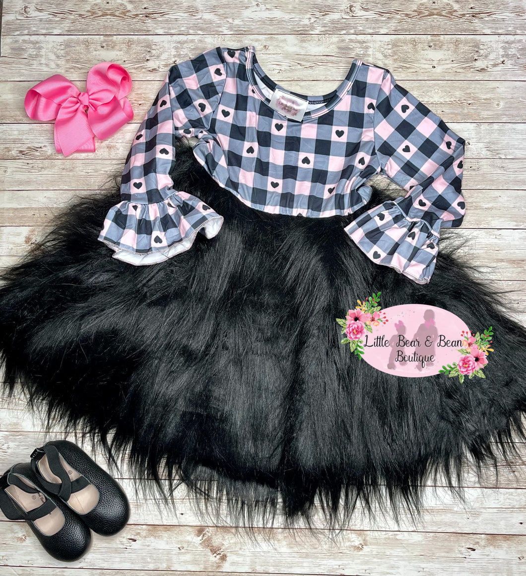 Heart Buffalo Plaid Fur Dress