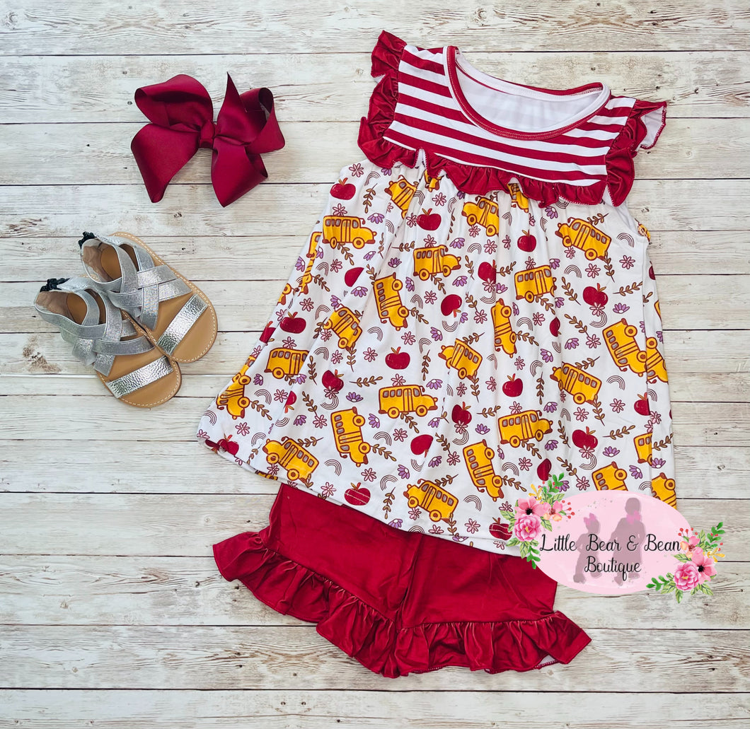 School Bus and Apples Ruffle Shorts Set