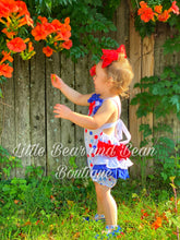Load image into Gallery viewer, Red, White and Blue Polka Dot Ruffle Butt Romper