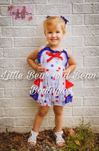 Load image into Gallery viewer, Red, White and Blue Polka Dot Ruffle Butt Romper