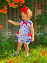 Load image into Gallery viewer, Red, White and Blue Polka Dot Ruffle Butt Romper