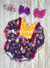 Load image into Gallery viewer, Plum Floral Ruffle Bum Romper