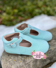 Load image into Gallery viewer, Robin’s Egg Smooth Glitter Shimmer T Strap Shoes
