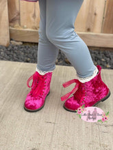 Load image into Gallery viewer, Pink velvet combat boots paired with leggings
