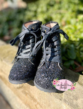 Load image into Gallery viewer, Black Glitter Combat Boots with Side Zipper