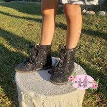 Load image into Gallery viewer, Black Glitter Combat Boots