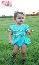 Load image into Gallery viewer, Aqua Ruffle Butt Romper