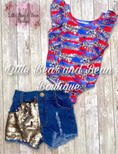 Load image into Gallery viewer, Stars Paint Stroke Leo and Distressed Denim Sequin Shorts Set