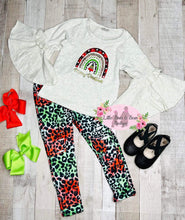 Load image into Gallery viewer, Christmas Animal Rainbow Belle Sleeve Distressed Cheetah Pant Set