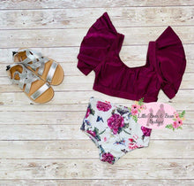 Load image into Gallery viewer, Plum Floral Ruffle 2 Piece Swim Suit