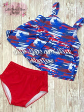 Load image into Gallery viewer, Red, White and Blue Paint Stroke 2 Piece Swim Suit