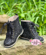 Load image into Gallery viewer, Black Glitter Combat Boots