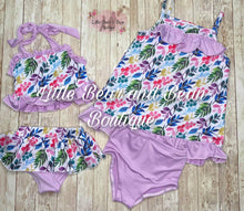 Load image into Gallery viewer, Lavender Floral Skirted Ruffle 2 Piece Swim Suit