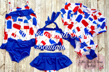 Load image into Gallery viewer, Red, White, and Blue Popsicles Skirted Ruffle 2 Piece Swim Suit