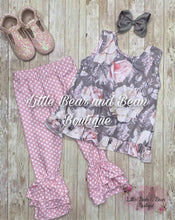 Load image into Gallery viewer, Gray and Mauve Floral Swing Top Ruffle Set