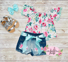 Load image into Gallery viewer, Floral Off The Shoulder Pom Pom Denim Shorts Set